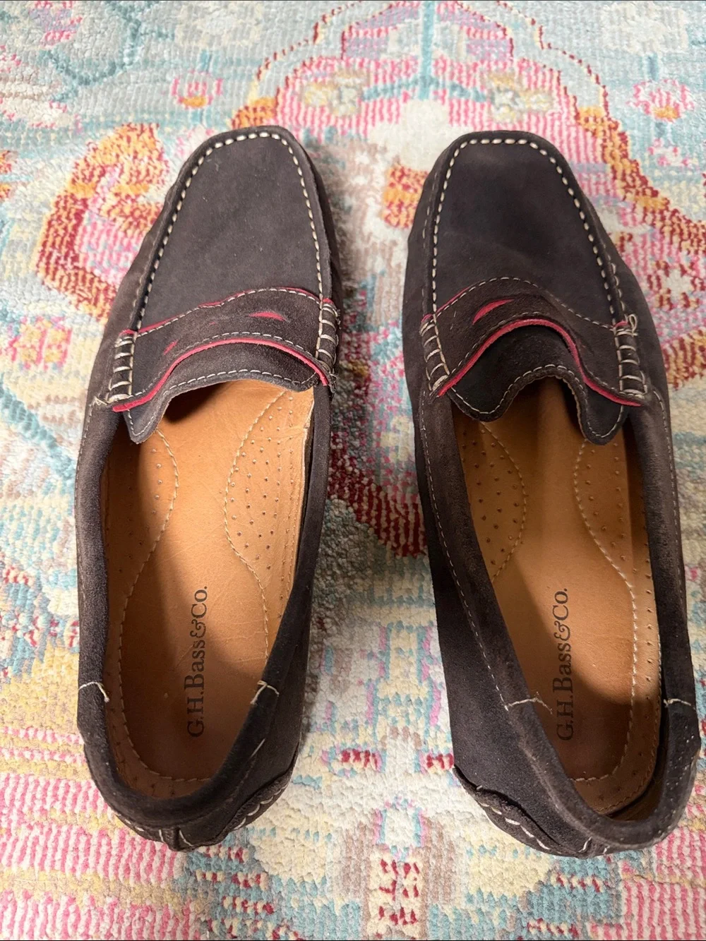 Size 9 1/2 M - G.H. Bass & Co. Dark Brown Suede Slip-On Loafers with Red Accent